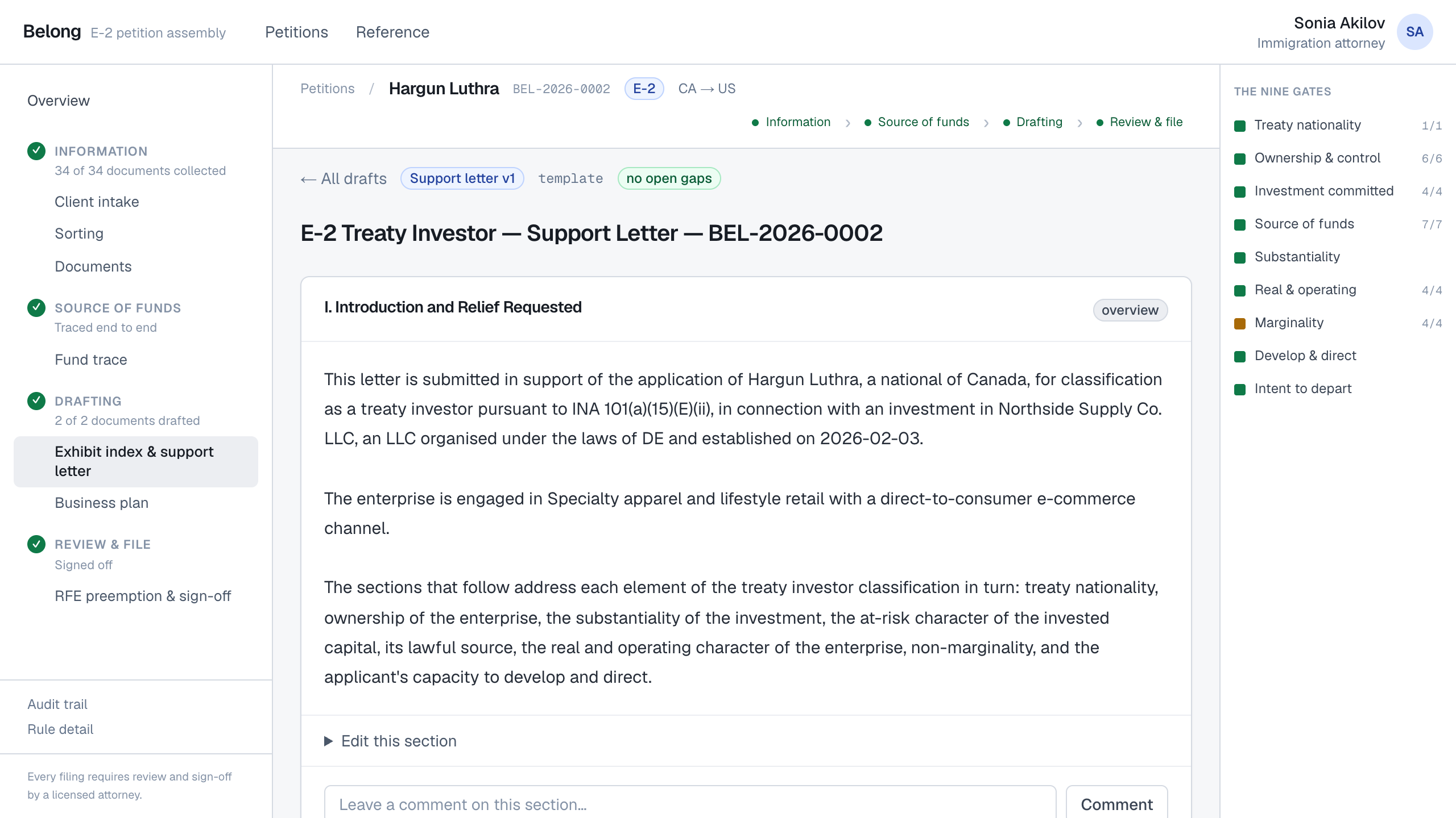 Draft E-2 support letter assembled from the case record, with attorney comment field